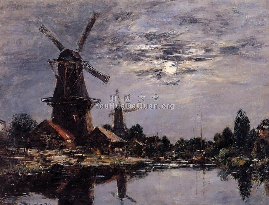 Windmills and Canel near Dordrecht - 尤金·布丹